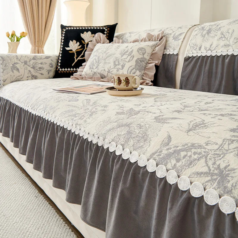 EIFLOY-French Chenille Sofa Slip Covers for Living Room, 3 Seater, Anti Slip, Corner Couch Cover, Armchair Protector, Ruffles